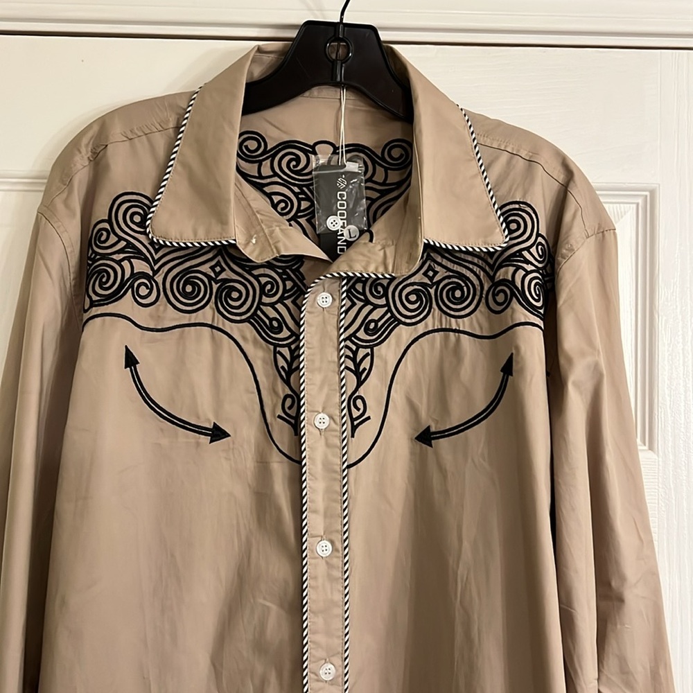 Coofandy Men Western Cowboy Shirt Tan Embroidered Yoke Button Down Size Large